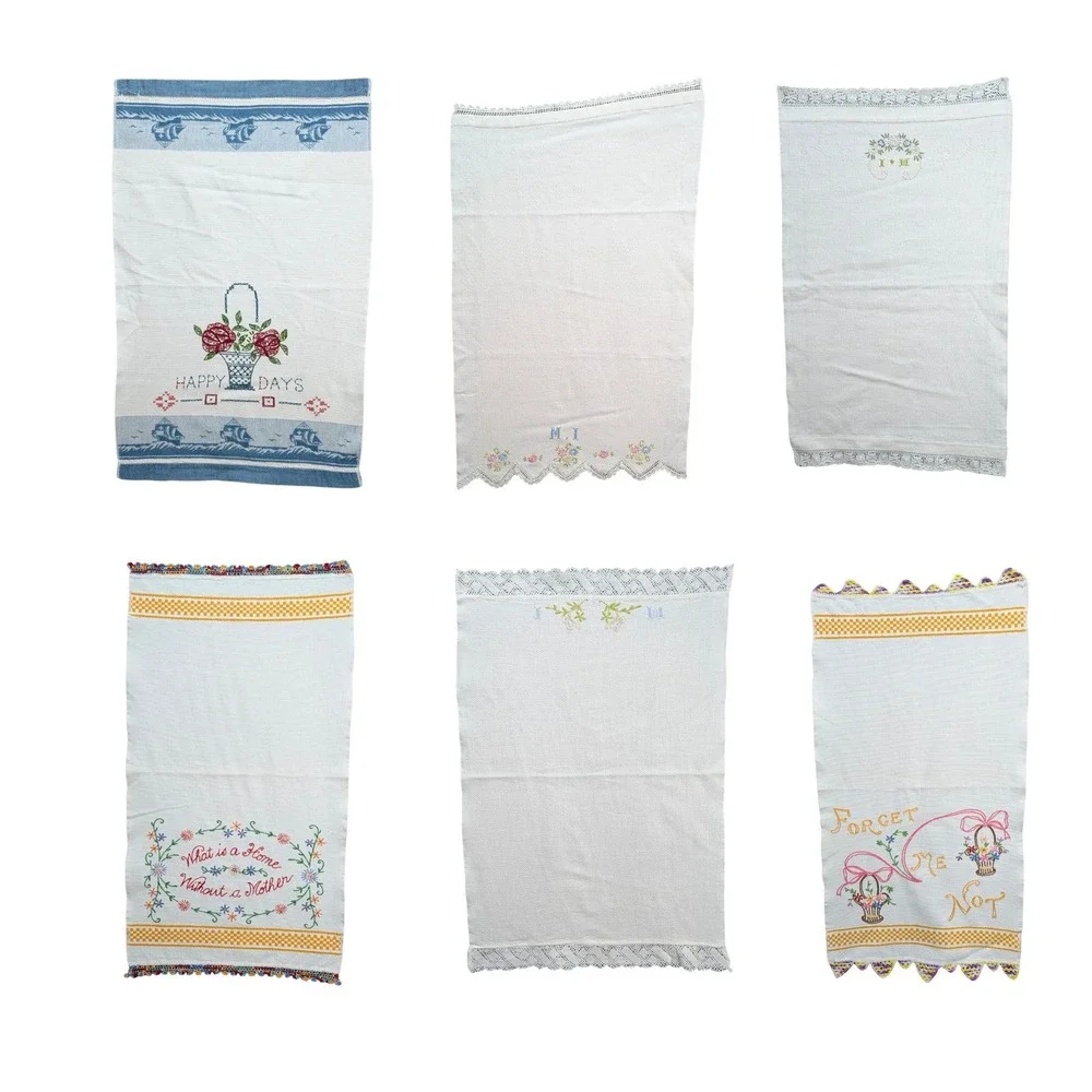 Vintage Lof of 6 Embroidered Hand‎ Towel Linen Floral Lace Trim Kitchen Boho